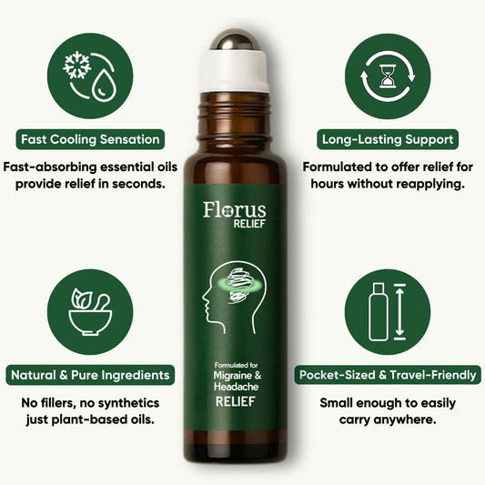 Florus Relief natural migraine roll-on with peppermint oil, drug-free headache remedy, travel-size stick